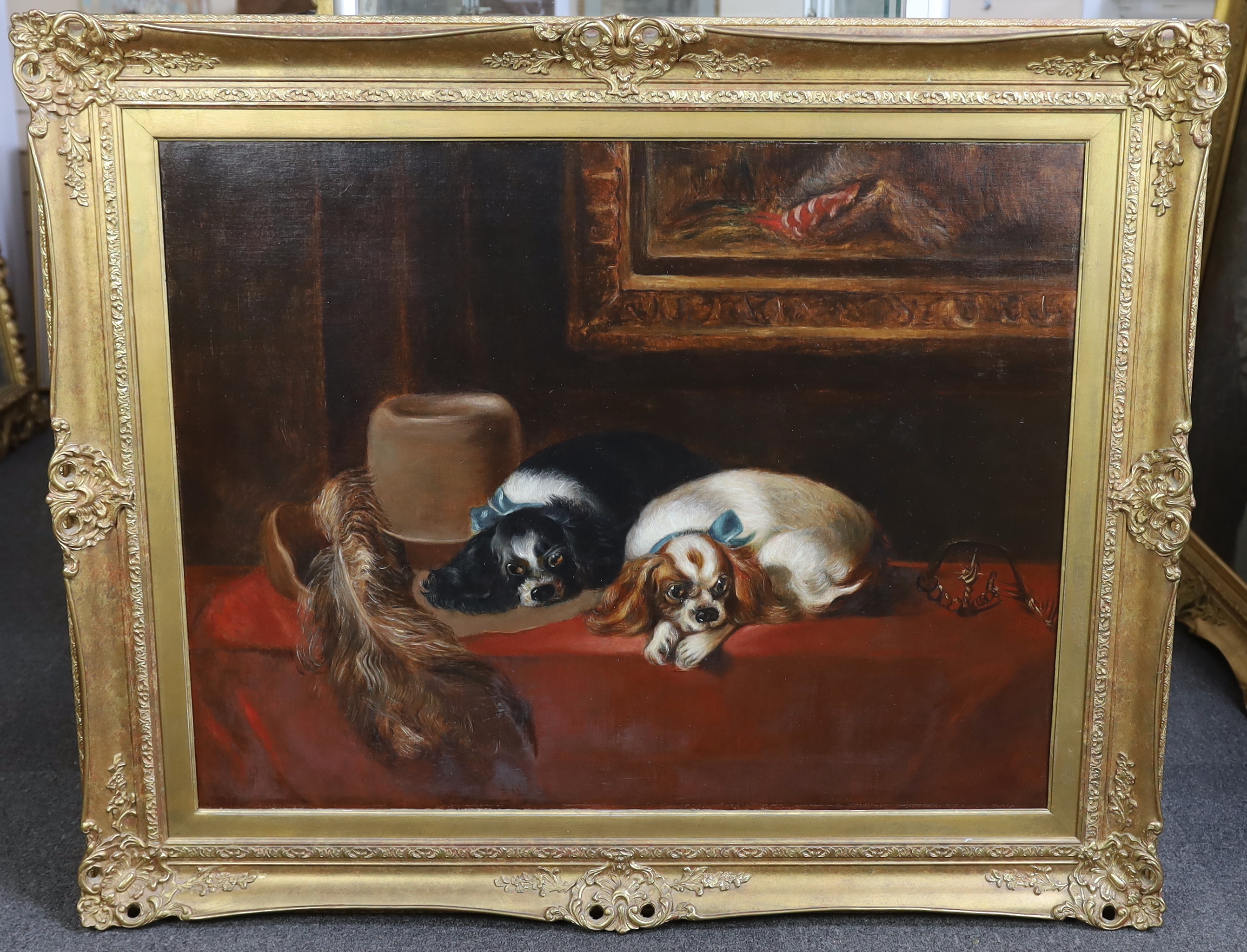 After Sir Edwin Henry Landseer, R.A. (1802-1873), oil on canvas, King Charles Spaniels (‘The Cavalier’s Pets’), 70 x 90cm